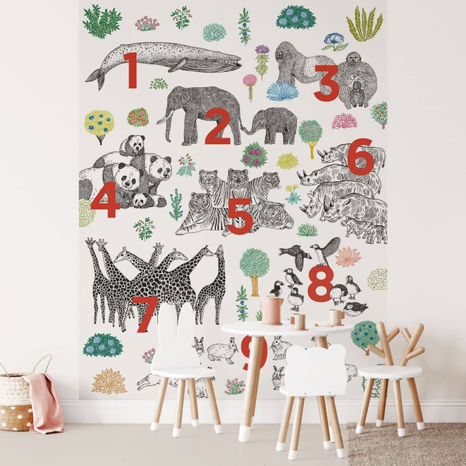 Kinderzimmer Fototapete Illustration von Zootieren mit Zahlen - Walentynowicz