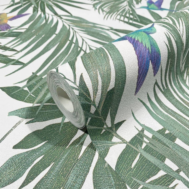 Vliestapete mit Kolibri und Blättern weiss, grün Floral