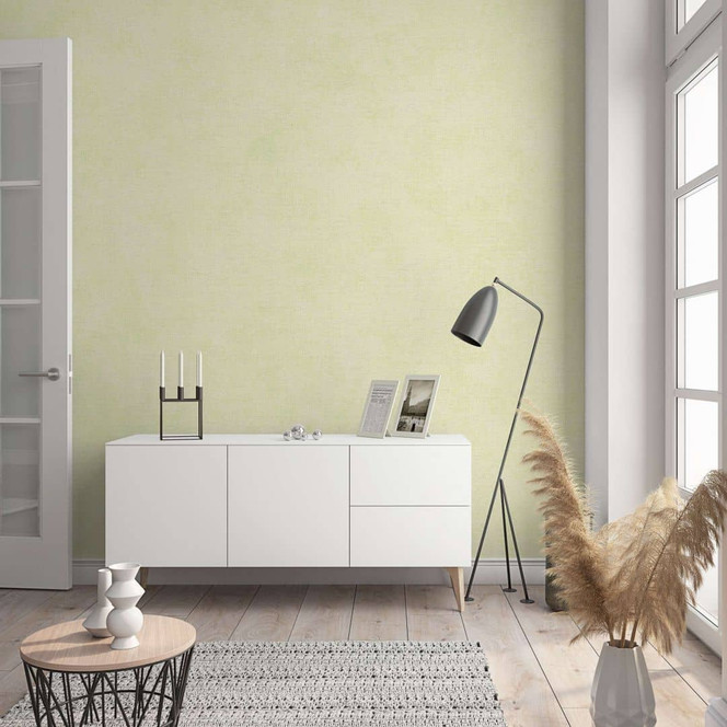 Vliestapete in moderner, feiner Struktur gelb, grün Uni