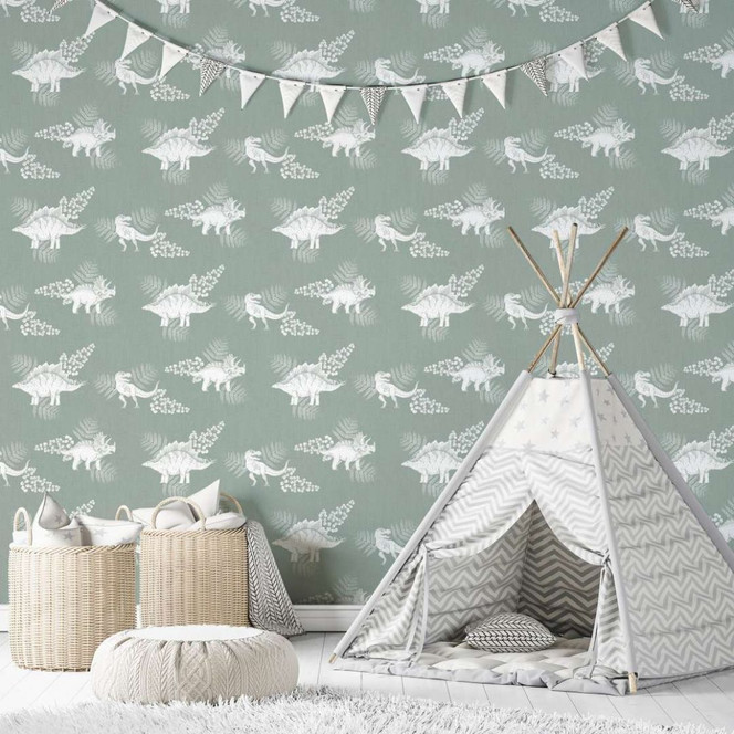 Kindertapete, Vliestapete mit Illustration Kids Walls grün, weiss