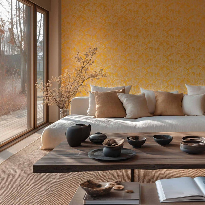 Struktur-Tapete mit Fächermuster Gelb Beige – Vliestapete lebendig glänzend