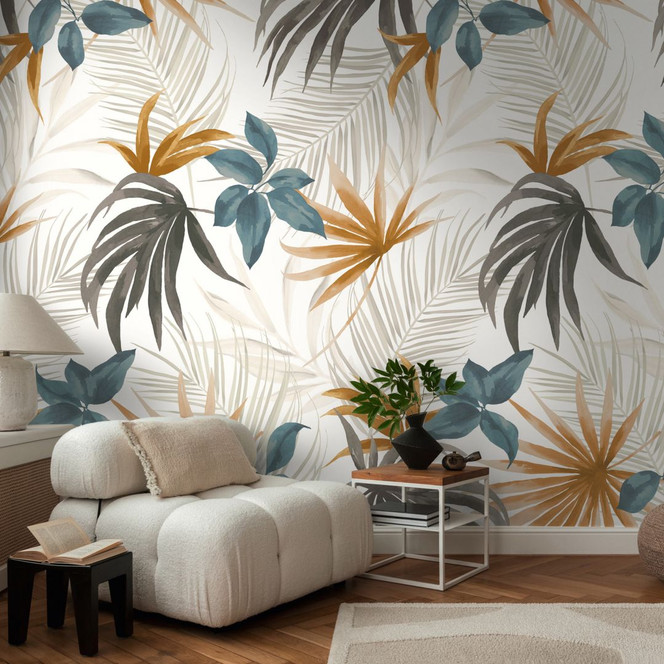 COSMOPOLITAN Fototapete Tropische Blätter Braun Blau Weiss - Dschungel Vliestapete