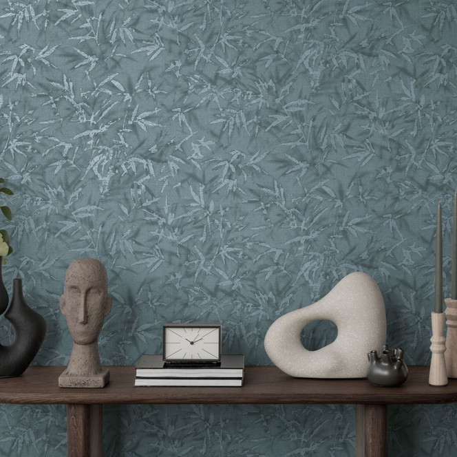 Blätter-Tapete Blau Grau - Mustertapete mit Bambus-Optik - Vliestapete modern