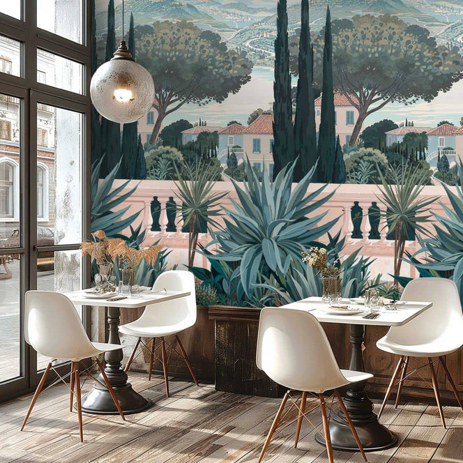 Fototapete Toskana Landschaft Blau Grün – Mediterrane Vliestapete – erweiterbar