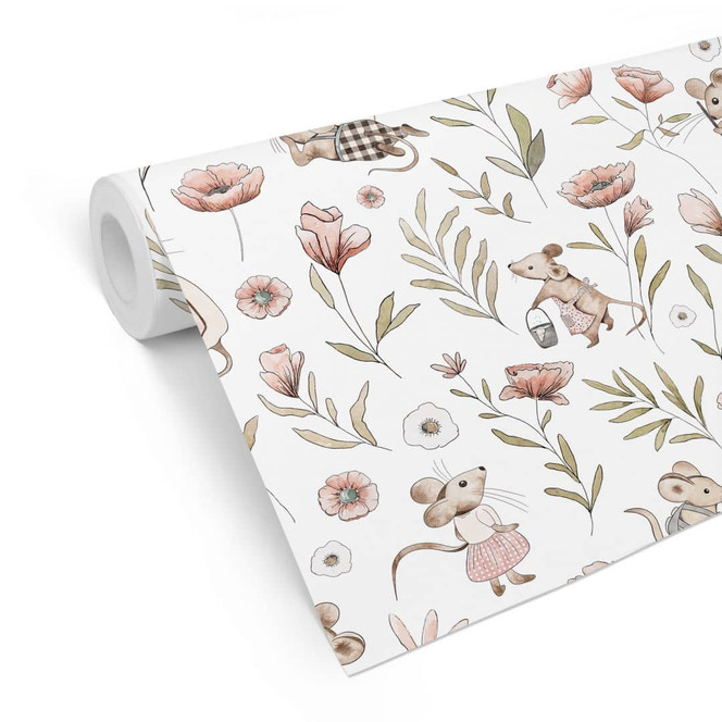 Mustertapete Fröhliche Mäuse auf der Wiese - Kikki Belle