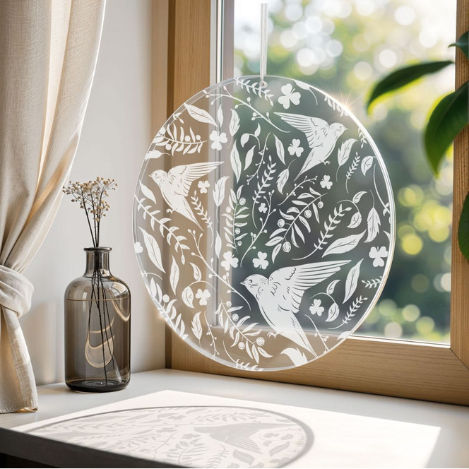 Acrylglasbild, Fensterbild zum Aufhängen Zarte Vögel und Blüten im Frühling - Rund