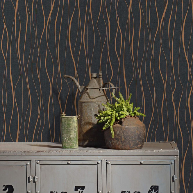 Vliestapete mit geschwungenen Linien schwarz, gold Welle