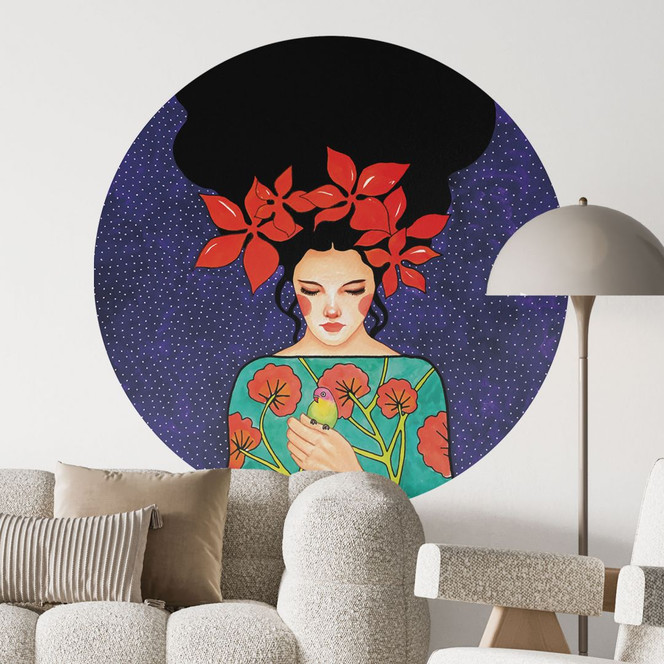 Wandtattoo Frau mit roter Blütenkrone und Vogel - Hülya - Rund