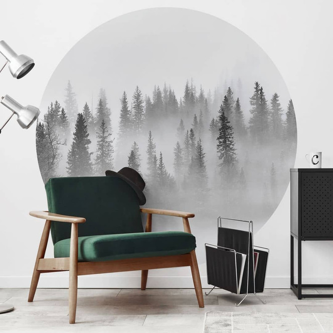 Fototapete Nebelwald in Schwarz-Weiss - Waldtapete Rund - Xu - Selbstklebend/Vlies