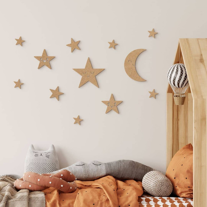 Wanddeko Mond und Sterne Set - Kawaii - MDF Natur