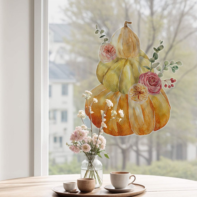 Fensterbild Kürbisbouqet mit Rosen