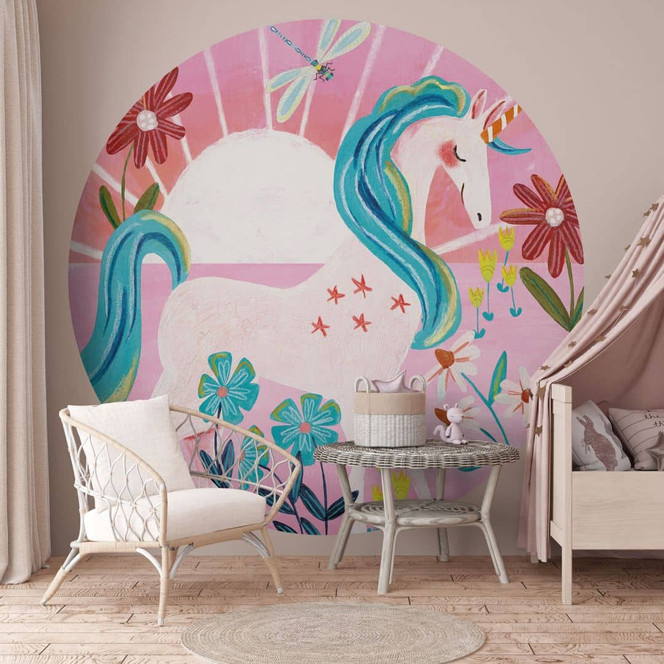 Kinderzimmer Fototapete Einhorn auf farbenfroher Blumenwiese - Bonne Müller - Rund - Selbstklebend/Vlies