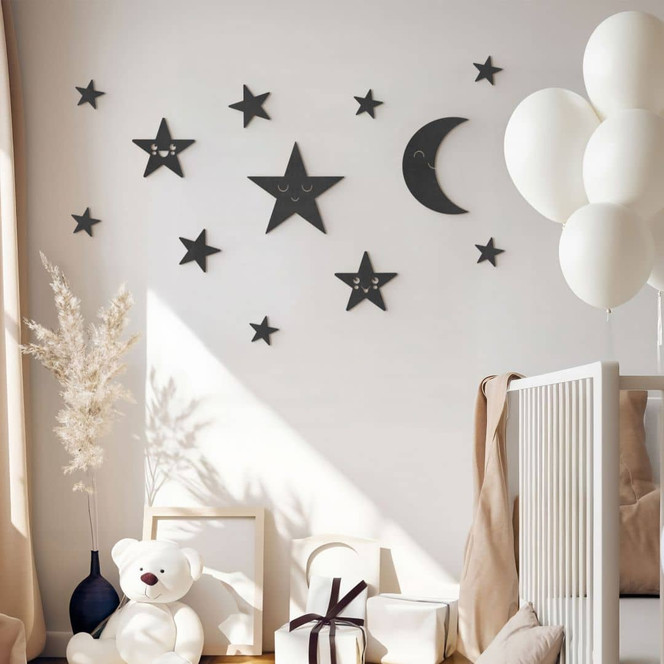 Wanddeko Mond und Sterne Set - Kawaii - MDF