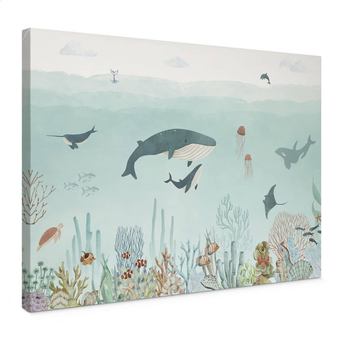 Leinwandbild Unterwasser-Abenteuer mit Meerestieren - Blau - Oliver Robins