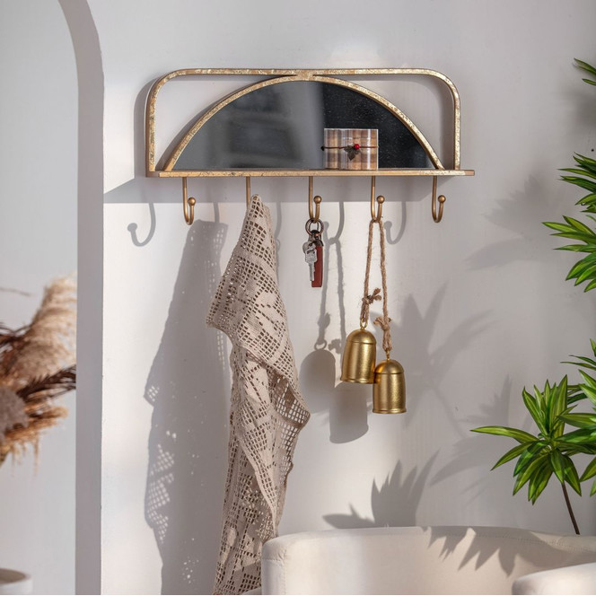Metall Wandregal Spiegel mit Kleiderhaken - Goldoptik - 60 x 29 x 14 cm - Bild - 1