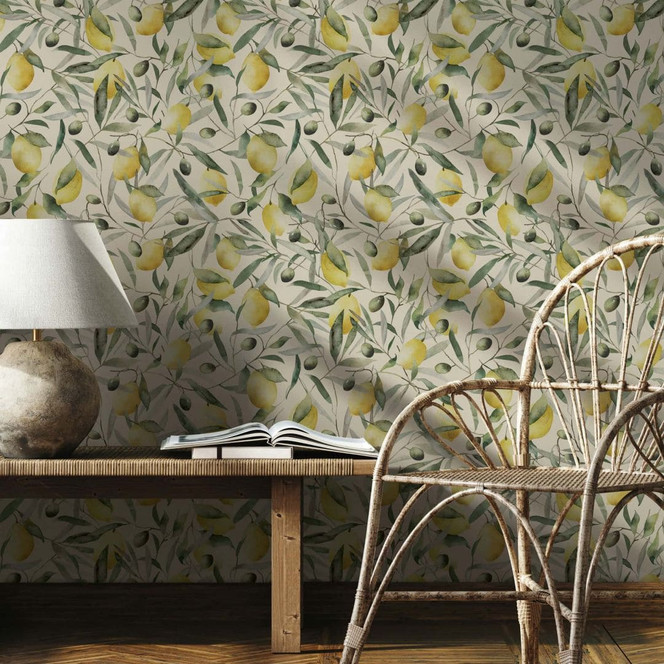 Vliestapete Zitronen, Blätter Floral Natur matt in Beige