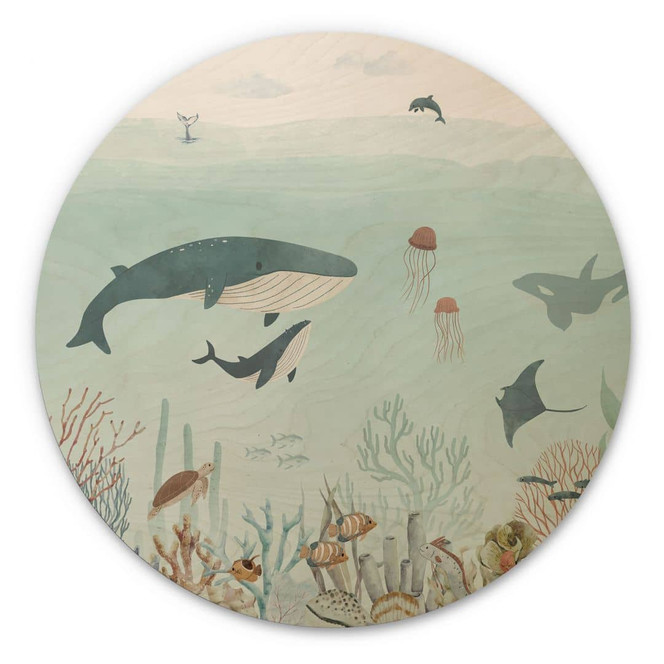 Holzbild Unterwasser-Abenteuer mit Meerestieren - Blau - Oliver Robins - Rund