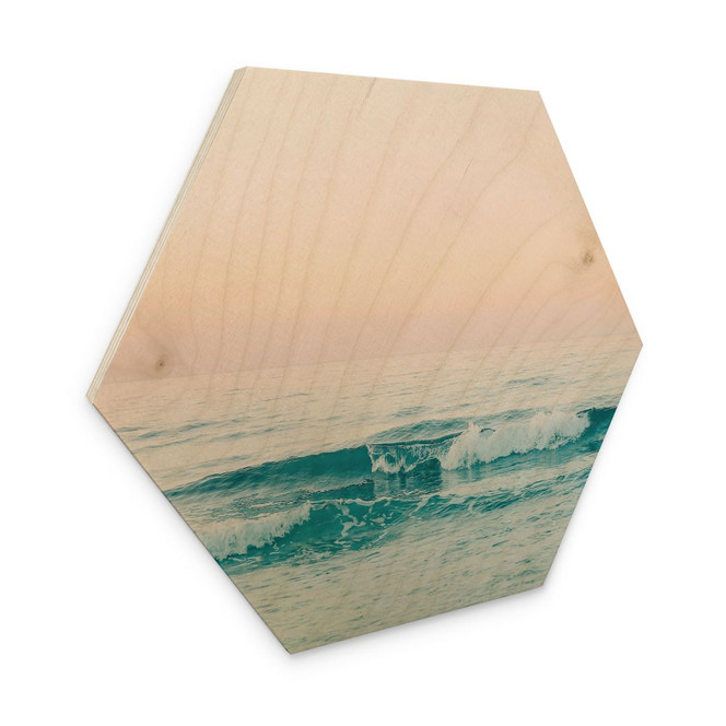 Hexagon-Holzbild Blaues Meer trifft auf rosa Himmel in Griechenland - Sisi & Seb