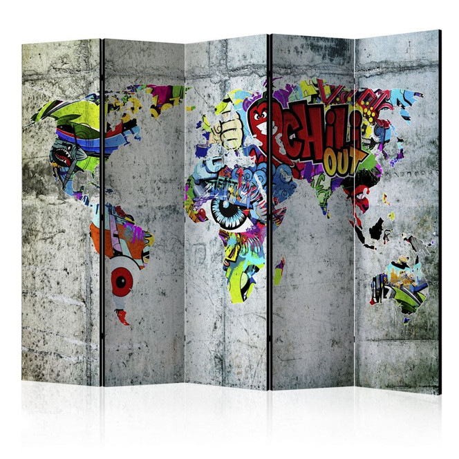 Paravent, Raumteiler freistehend, Trennwand - Weltkarte - Graffiti-Welt, 5-teilig - 225 x 172 cm