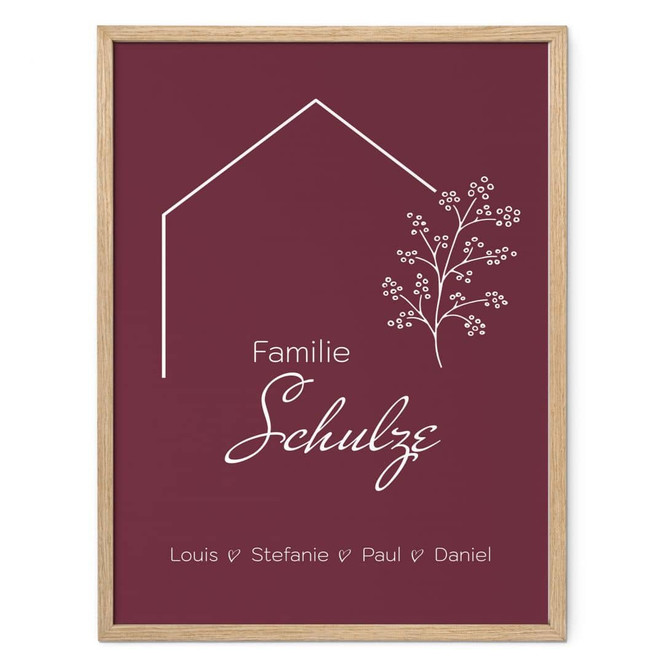 Personalisierbares Poster Familie Haus - weinrot
