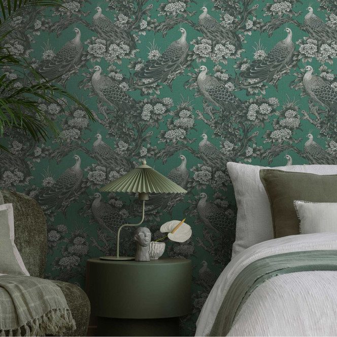 Vogel-Tapete Grün Schwarz - Vliestapete mit exotischen Pfauen und floralen Mustern