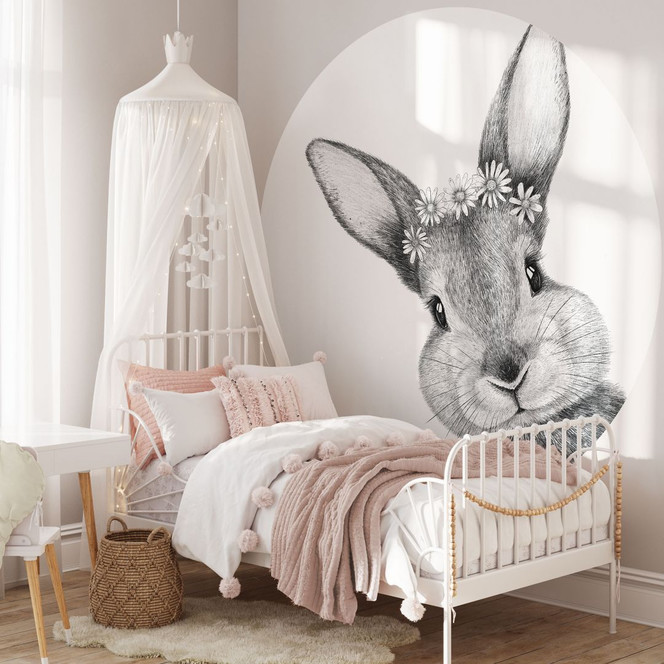 Fototapete Niedlicher Hase mit Kamillenblumen - Korenkova - Rund - Selbstklebend/Vlies