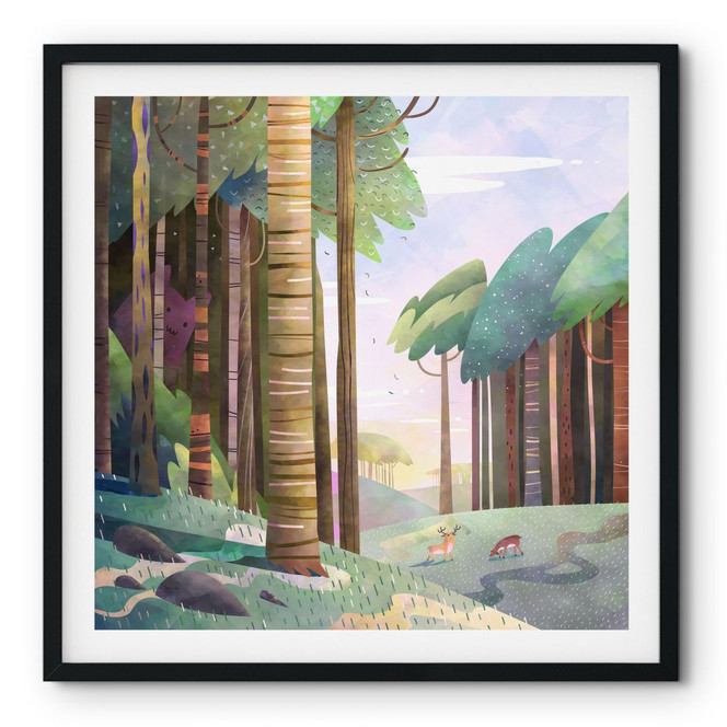 Poster Sonniger Wald mit Hirsch - DigitalArtsi