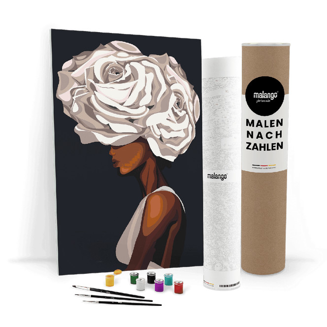 Malen nach Zahlen Leinwandbild - Frau mit weissem Rosenhaar