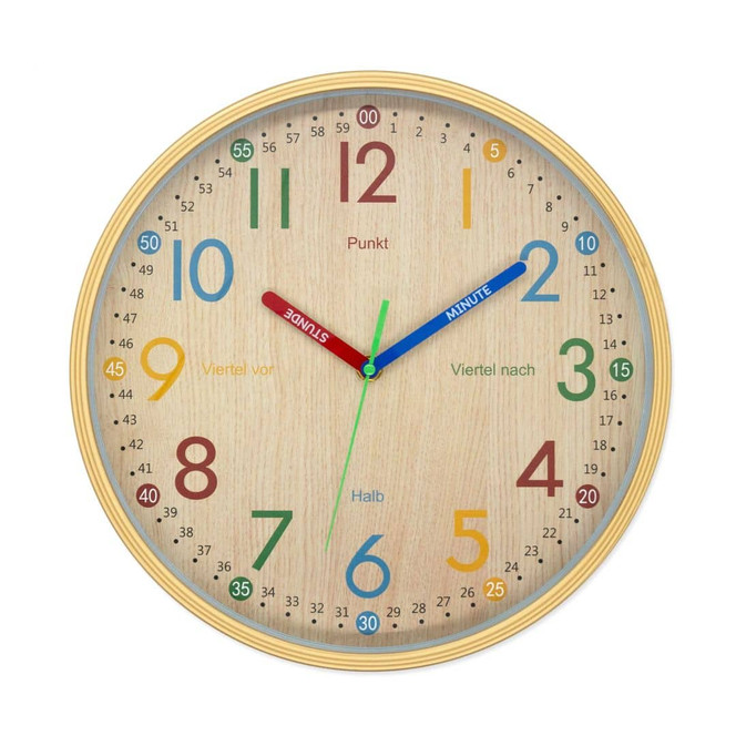 Analoge Lernuhr Kinderzimmer Wanduhr leise Kinderuhr für Junge Mädchen Holz-Optik Ø30 cm - Bild - 1