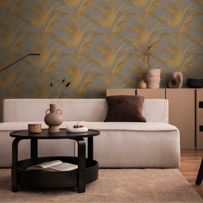 Palmen-Tapete Grau Gold - Vliestapete mit edlem Glanz und tropischem Design