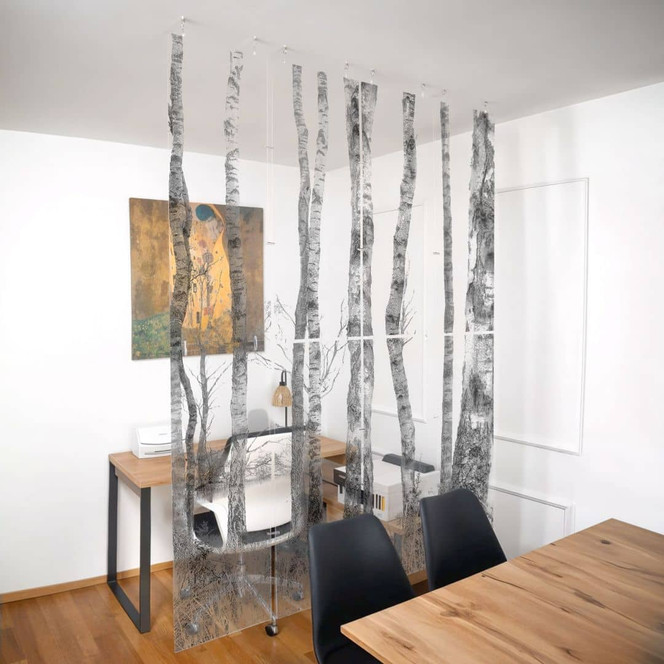Raumteiler, Paravent, Sichtschutz hängend Schwarz-weisser Birkenwald - Talen