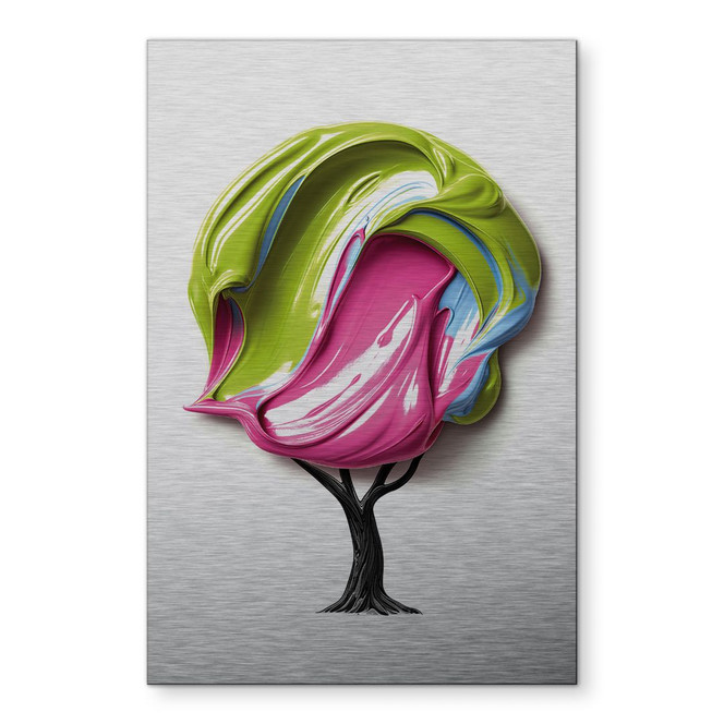 Wandbild mit Silbereffekt Baum mit bunter 3D-Krone - Mielu - Alu-Dibond