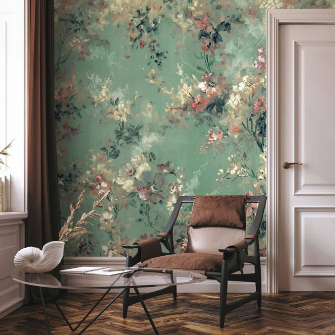 Fototapete in Blumen Blüten grün, beige Floral