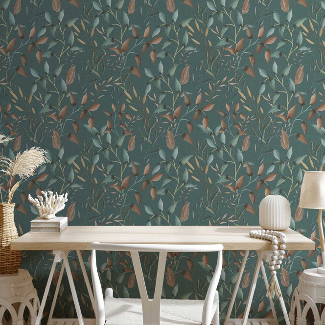Florale Tapete Blätter Aquarell - Vliestapete in Dunkelgrün Braun Gelb - Pflanzen-Tapete