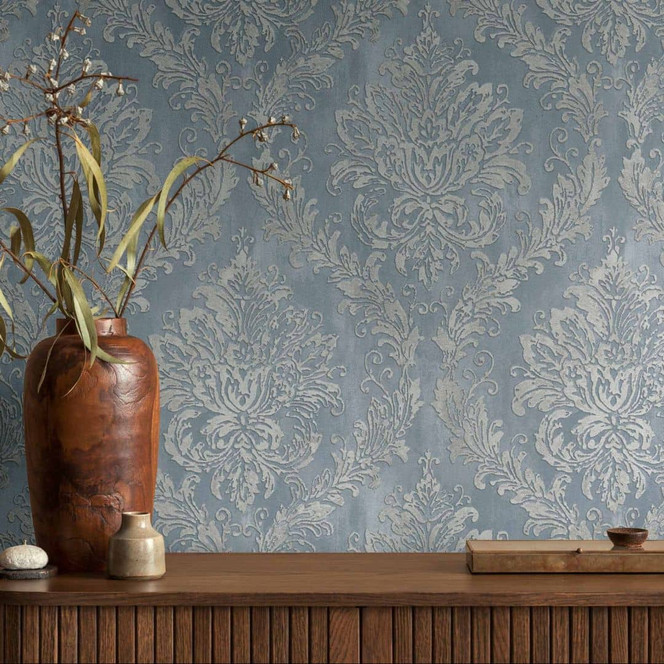 Barock-Tapete Blau Silber - Vliestapete mit Ornament-Muster - Glänzende Mustertapete