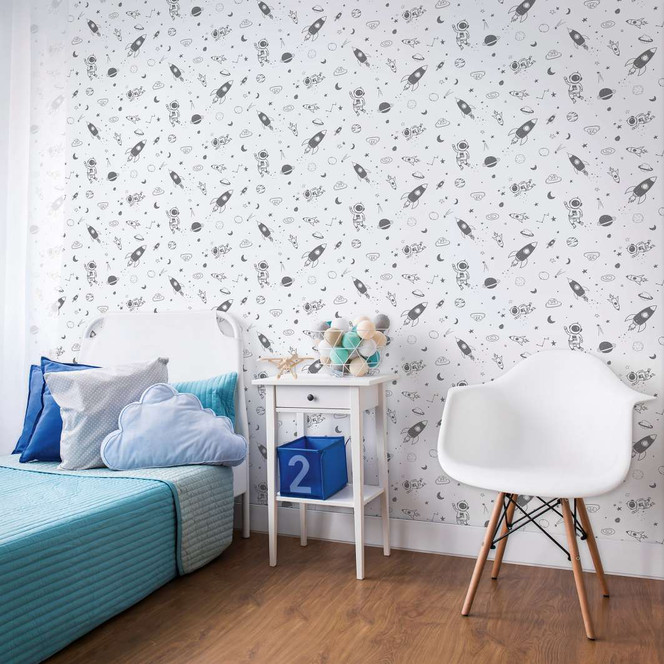 Kindertapete, Vliestapete mit Illustration Kids Walls weiss, grau