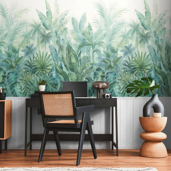 Fototapete Aquarell-Tropen mit Holzpaneel Grün Weiss – Vliestapete erweiterbar