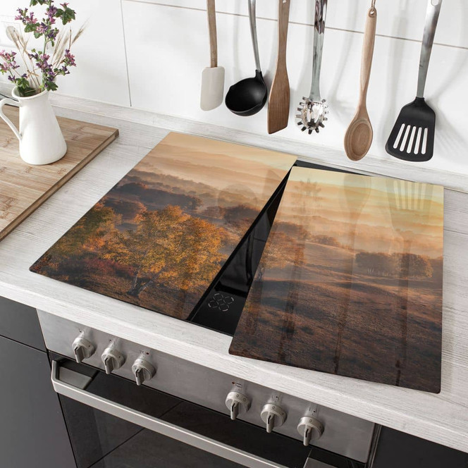 Herdabdeckplatte Birkenbäume im goldenen Morgentau - Cui