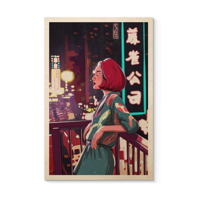 Holzbild Mädchen auf einem Balkon in Japan - Oliveira