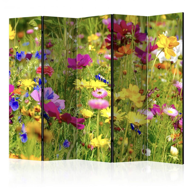Paravent, Raumteiler freistehend, Trennwand - Sommerblumen , 5-teilig - 225 x 172 cm