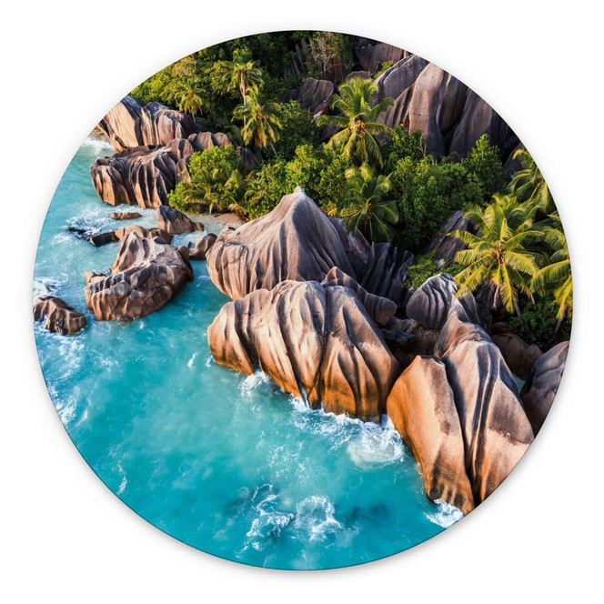 Wandbild Tropische Felsenküste der Seychellen - Colombo - Alu-Dibond Rund