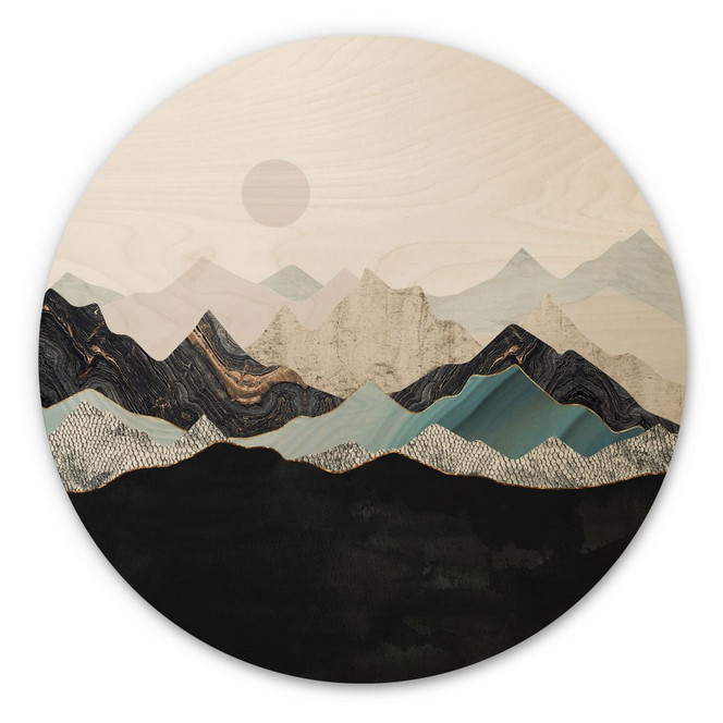Holzbild Ruhige Berglandschaft in der Dämmerung - SpaceFrog Designs - Rund