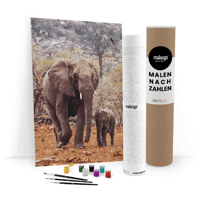 Malen nach Zahlen Leinwandbild - Elefanten Mutter mit Kind