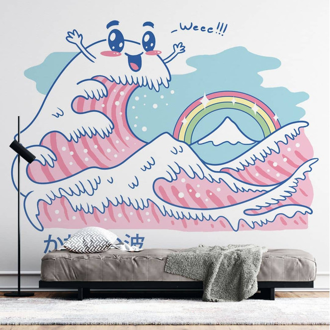 Fototapete Kawaii Welle mit Regenbogen und Berg Fuji - Trinidad
