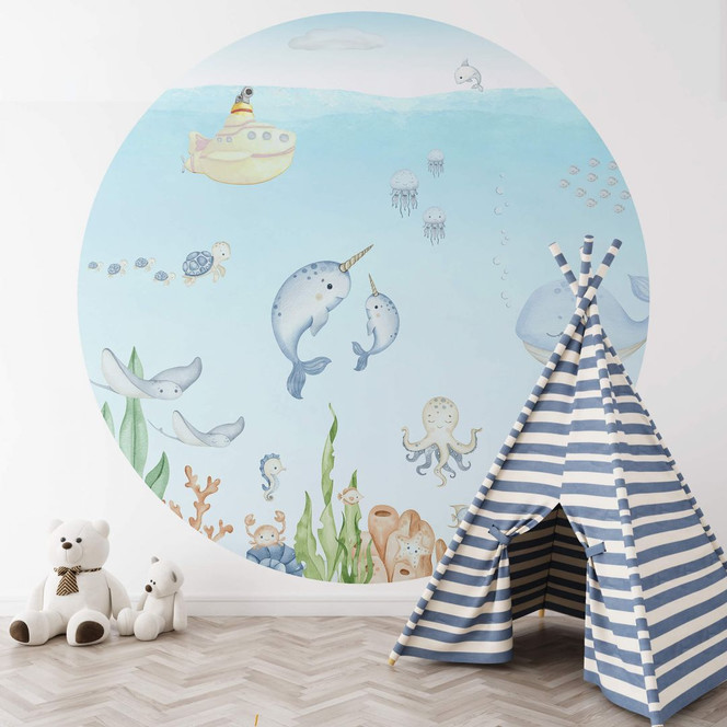 Kinderzimmer Fototapete Niedliche Unterwasserwelt Rund - Oliver Robins - Selbstklebend/Vlies