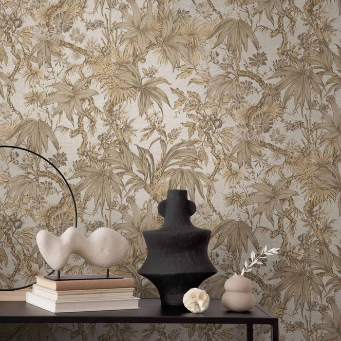 Botanik-Tapete Beige Braun - Exotische Mustertapete mit Blättern - Vliestapete
