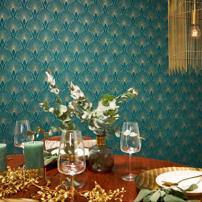 Livingwalls Vliestapete New Walls 50's Glam Art Deco Tapete blau, grün, metallic