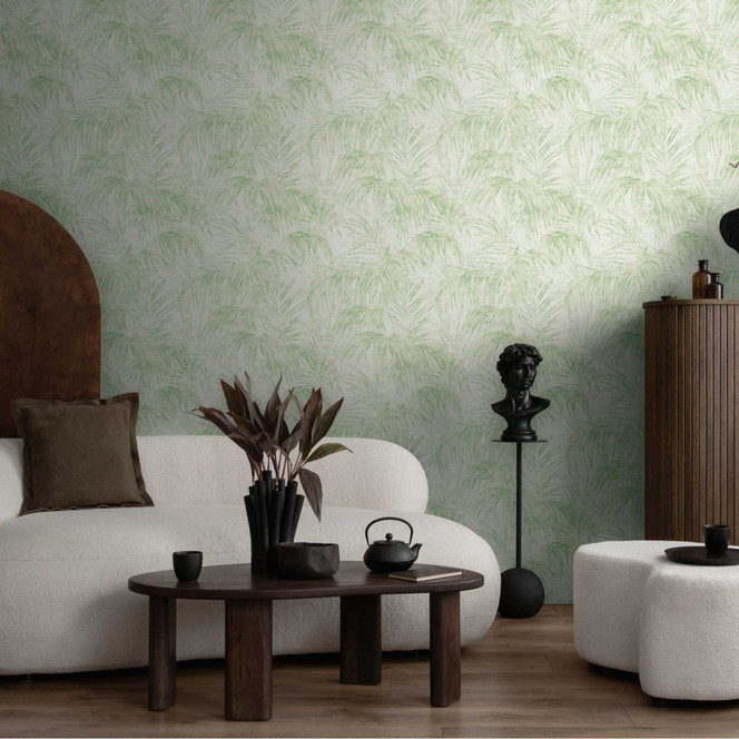 Palmen-Tapete Grün Weiss - Vliestapete mit tropischem Muster und sanftem Look