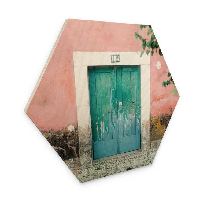 Hexagon Holzbild Mediterrane Hausfassade in Lissabon - Zwart