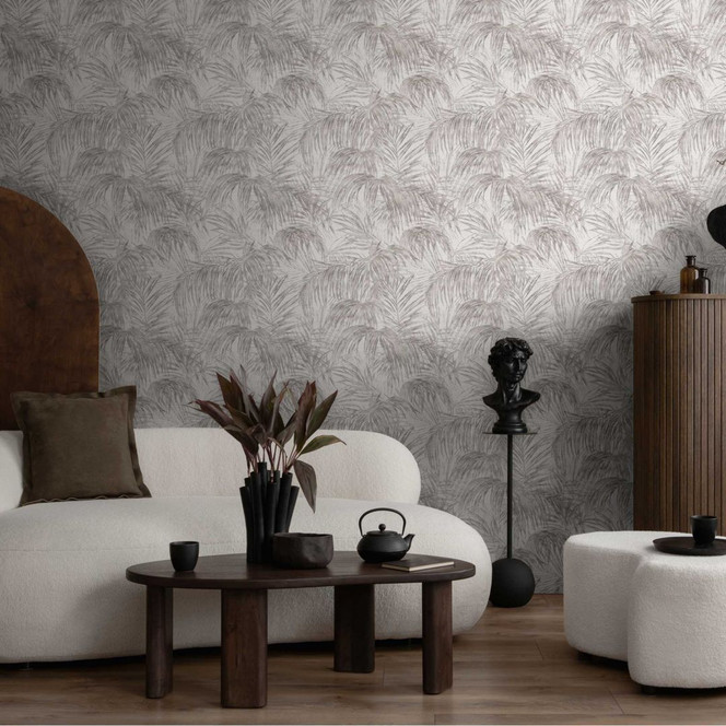 Palmen-Tapete Weiss Grau - Vliestapete mit tropischem Muster in sanften Tönen
